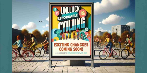 A realistic, high-definition image of a poster promoting affordable cycling. The poster features vibrant typography stating 'Unlock Affordable Cycling! Exciting Changes Coming Soon!' There could be a variety of bicycles in the background, whether parked or being ridden by people from diverse descents and genders. Sky could be included, carrying an aura of optimism and possibility. Similarly, trees and an urban setting (building, park, etc.) can enrich the overall composition.