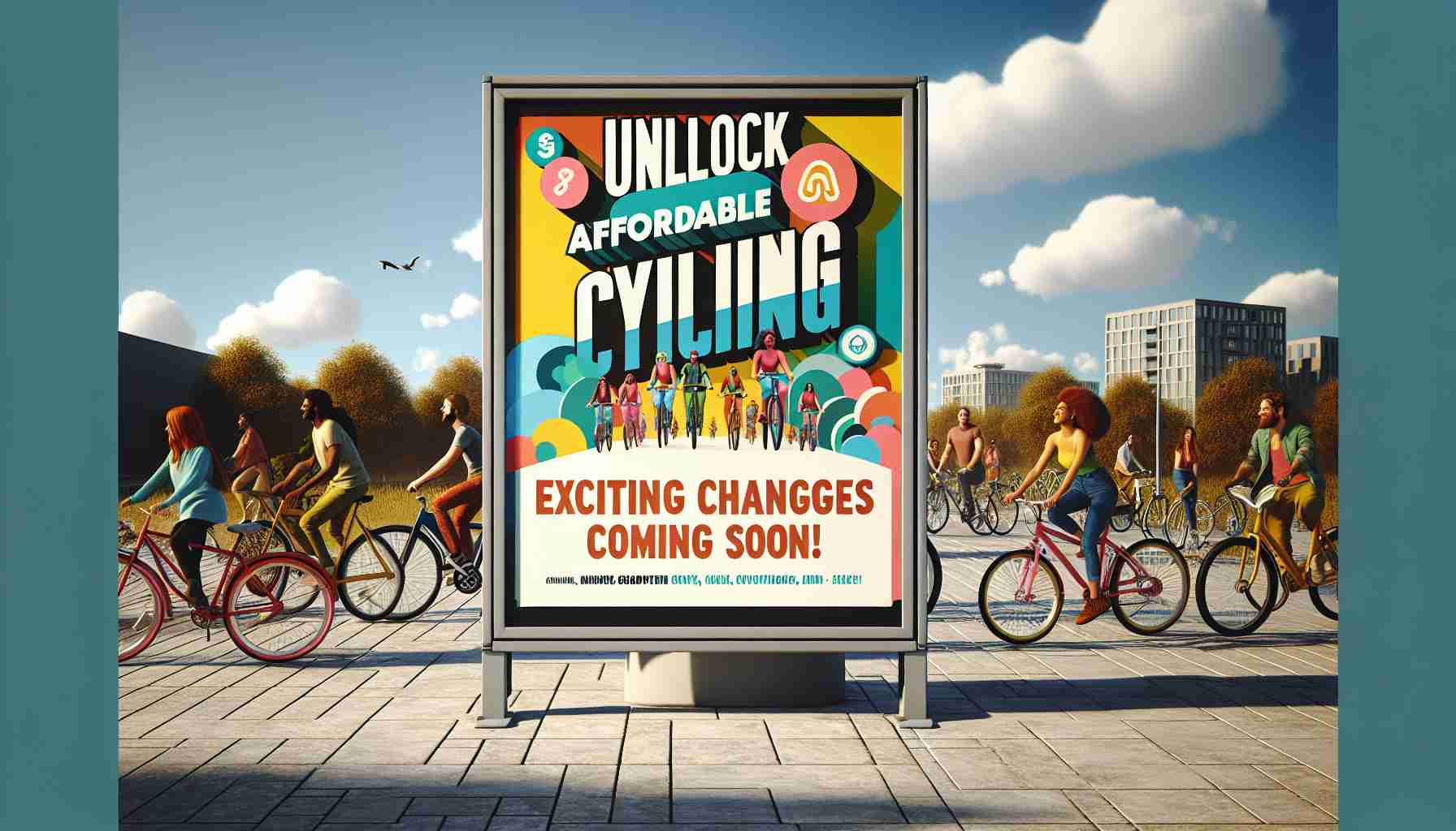 A realistic, high-definition image of a poster promoting affordable cycling. The poster features vibrant typography stating 'Unlock Affordable Cycling! Exciting Changes Coming Soon!' There could be a variety of bicycles in the background, whether parked or being ridden by people from diverse descents and genders. Sky could be included, carrying an aura of optimism and possibility. Similarly, trees and an urban setting (building, park, etc.) can enrich the overall composition.