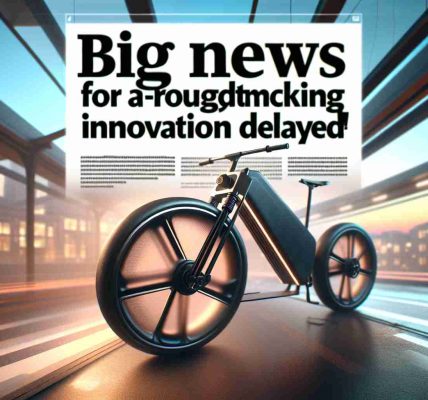 Illustration of a headline reading 'Big News for E-Bike Enthusiasts! A Groundbreaking Innovation Delayed' with a photorealistic HD image of an e-bike showcasing futuristic design elements, implying the revolutionary innovation that has been delayed. The background could be a blurred cityscape with the e-bike placed prominently in the foreground to emphasize its significance.