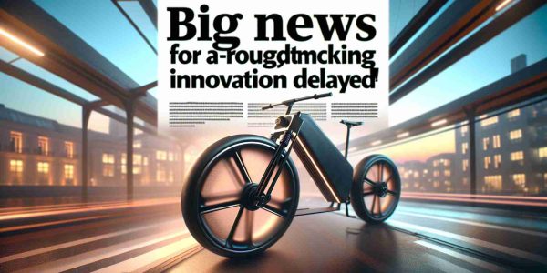 Illustration of a headline reading 'Big News for E-Bike Enthusiasts! A Groundbreaking Innovation Delayed' with a photorealistic HD image of an e-bike showcasing futuristic design elements, implying the revolutionary innovation that has been delayed. The background could be a blurred cityscape with the e-bike placed prominently in the foreground to emphasize its significance.