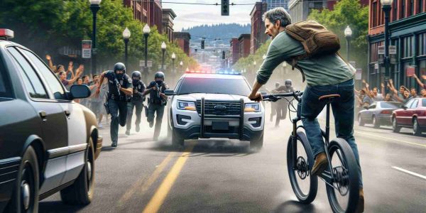 Realistic High-Definition image depicting an intense scene where wild chase ends in arrest. An electric bike's rider is being pursued on the streets of Portland, with cars and pedestrians in view. The rider, a middle-aged Caucasian male, looks back at the pursuing authorities with shock and surprise. Elements of surprise and suspense should dominate the scene.