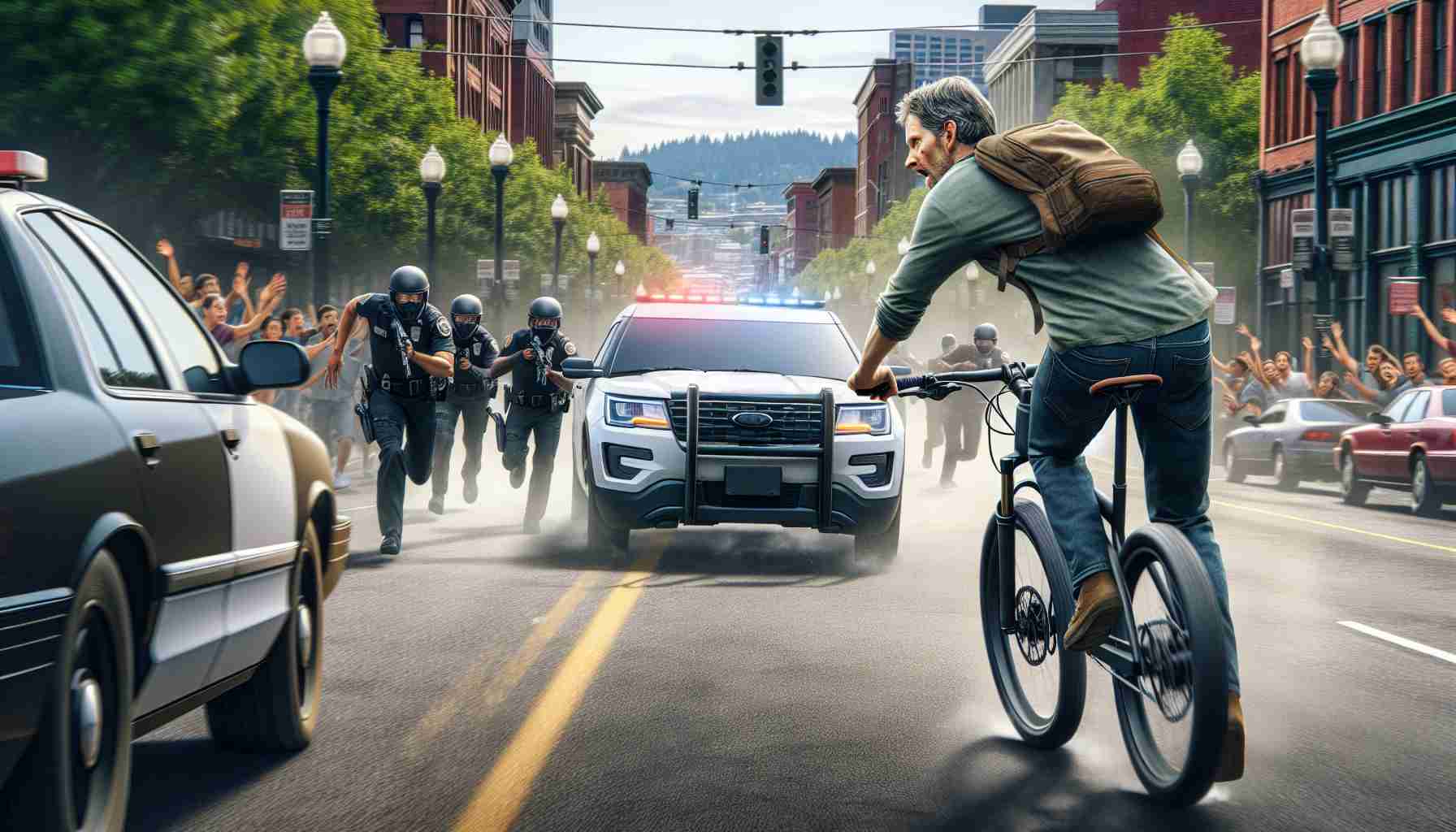 Realistic High-Definition image depicting an intense scene where wild chase ends in arrest. An electric bike's rider is being pursued on the streets of Portland, with cars and pedestrians in view. The rider, a middle-aged Caucasian male, looks back at the pursuing authorities with shock and surprise. Elements of surprise and suspense should dominate the scene.