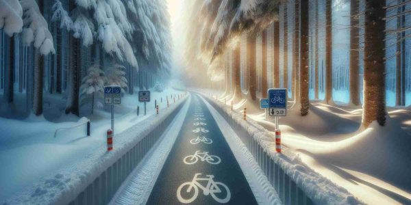 Generate an ultrahigh-definition image of a winter landscape dedicated to biking. The scene starts with a freshly unveiled safe biking pathway that travels through a snowy forest. The pathway is clearly marked with signs and freshly applied anti-slip material on the surface. Soft winter sunlight casts a beautiful glow on the entire scene, illuminating the untroubled snow on both sides of the path. The trees of the forest, laden with powdery snow, stand tall along the pathway, providing a serene atmosphere for bikers to traverse through. A few bike tracks can be seen, showcasing that the path is ready to be enjoyed.