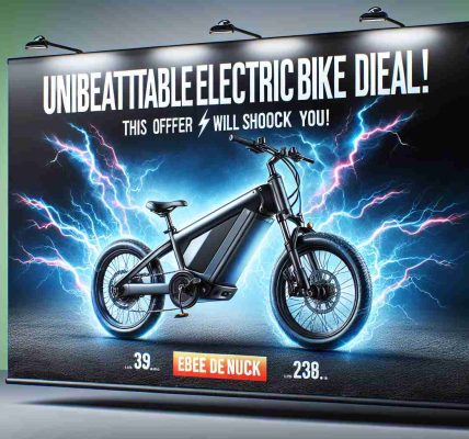 A high-definition, realistic image of a banner advertising an incredible deal on an electric bike. The banner features a sleek, modern electric bike placed centrally. The background contains electrifying visual effects to symbolize the 'shock' aspect of the offer. Additionally, bold, attention-grabbing text that reads, 'Unbeatable Electric Bike Deal! This Offer Will Shock You!' is prominently displayed.