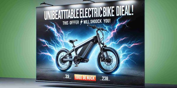 A high-definition, realistic image of a banner advertising an incredible deal on an electric bike. The banner features a sleek, modern electric bike placed centrally. The background contains electrifying visual effects to symbolize the 'shock' aspect of the offer. Additionally, bold, attention-grabbing text that reads, 'Unbeatable Electric Bike Deal! This Offer Will Shock You!' is prominently displayed.