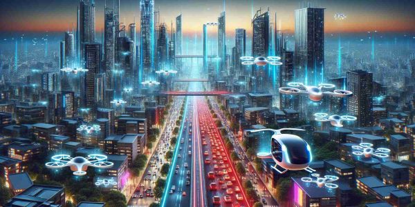 Visualize a future scenario of Urban Air Mobility in high resolution. Picture a large cityscape with towering skyscrapers and bustling streets. Hovering above the urban traffic are advanced flying vehicles, slashing commute times and minimizing congestion. These vehicles can be autonomous drones carrying goods, air taxis providing passenger services, or personal commuter drones. Neon lights add a futuristic glow to the scene. Include at a clear sky to suggest good environmental practices. Immerse yourself in this remarkable transformation of urban transport.