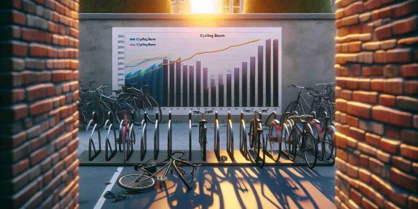 Realistic high-definition image illustrating the concept of a cycling boom possibly being over, symbolically conveying the hidden truths behind the scene. Imagine a bicycle rack filled halfway, indicating a decrease in usage. In the background, there's a poster with statistical graphs depicting the rise and fall of bicycle usage over time, symbolizing the trend of 'Cycling Boom'. The evening sun sets in the background, casting long shadows, signifying the possible decline of the trend.