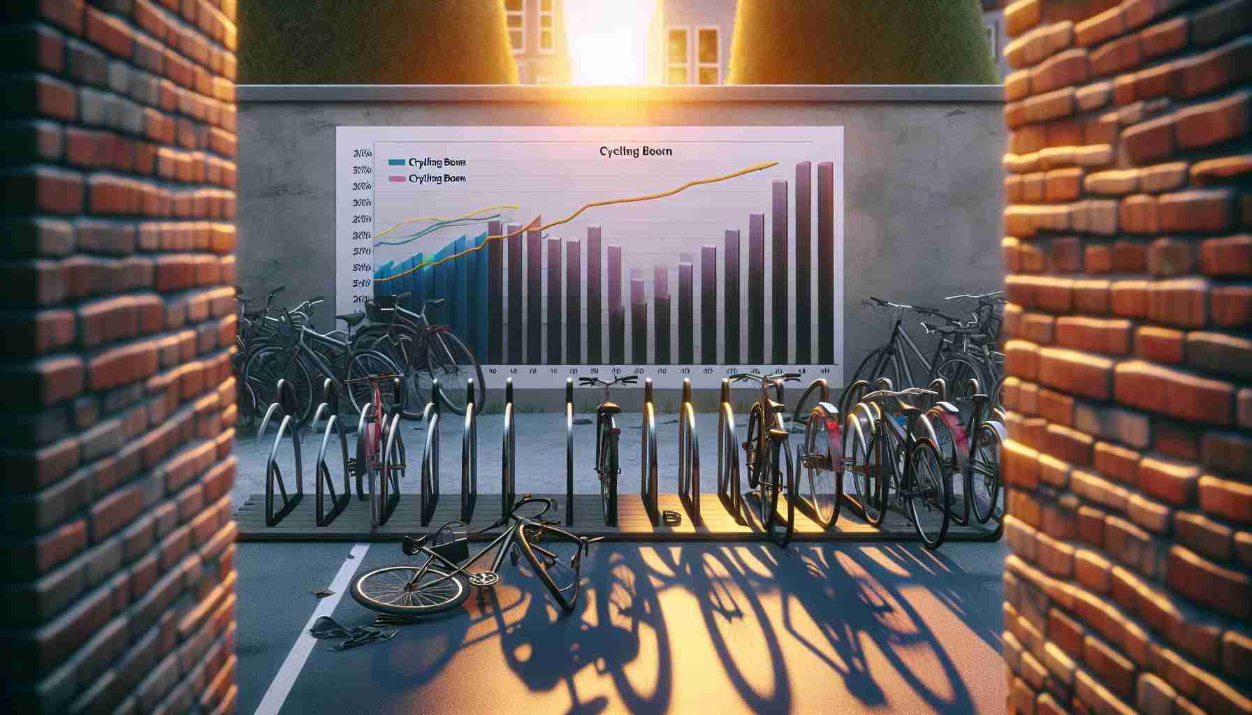 Realistic high-definition image illustrating the concept of a cycling boom possibly being over, symbolically conveying the hidden truths behind the scene. Imagine a bicycle rack filled halfway, indicating a decrease in usage. In the background, there's a poster with statistical graphs depicting the rise and fall of bicycle usage over time, symbolizing the trend of 'Cycling Boom'. The evening sun sets in the background, casting long shadows, signifying the possible decline of the trend.