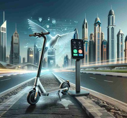 An ultra high-definition, realistic photo showcasing Dubai's upgraded electric scooters. The scooters should have a modern and sophisticated design, reflecting their recent technological enhancements. Included in the image is a user-friendly payment system, symbolizing the 'Ride Smart and Pay Easy' concept. The scenery implies a city vibe with skyscrapers and asphalt roads, symbolizing Dubai's urban setting.