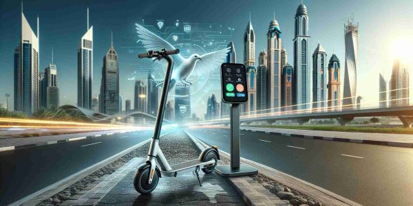 An ultra high-definition, realistic photo showcasing Dubai's upgraded electric scooters. The scooters should have a modern and sophisticated design, reflecting their recent technological enhancements. Included in the image is a user-friendly payment system, symbolizing the 'Ride Smart and Pay Easy' concept. The scenery implies a city vibe with skyscrapers and asphalt roads, symbolizing Dubai's urban setting.