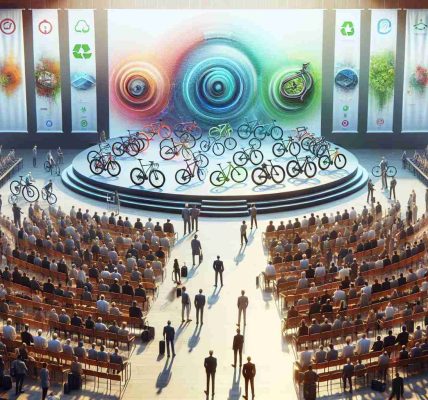 Realistic high-definition depiction illustrating the dynamic realm of bicycles. This should feature a grand event in a large open venue where diverse range of new bicycle models are being revealed. Integrate designs that suggest advanced technology and sustainability. Highlight an audience of varied descents and genders, ranging from Caucasian males to South Asian females, all interpretively engaging with the bicycles. Illustrate banners promoting environmental consciousness and a greener future, suggesting the bicycles' contribution to sustainability. Ensure a detailed, vibrant atmosphere which communicates excitement and innovation.