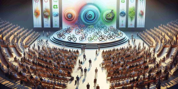 Realistic high-definition depiction illustrating the dynamic realm of bicycles. This should feature a grand event in a large open venue where diverse range of new bicycle models are being revealed. Integrate designs that suggest advanced technology and sustainability. Highlight an audience of varied descents and genders, ranging from Caucasian males to South Asian females, all interpretively engaging with the bicycles. Illustrate banners promoting environmental consciousness and a greener future, suggesting the bicycles' contribution to sustainability. Ensure a detailed, vibrant atmosphere which communicates excitement and innovation.