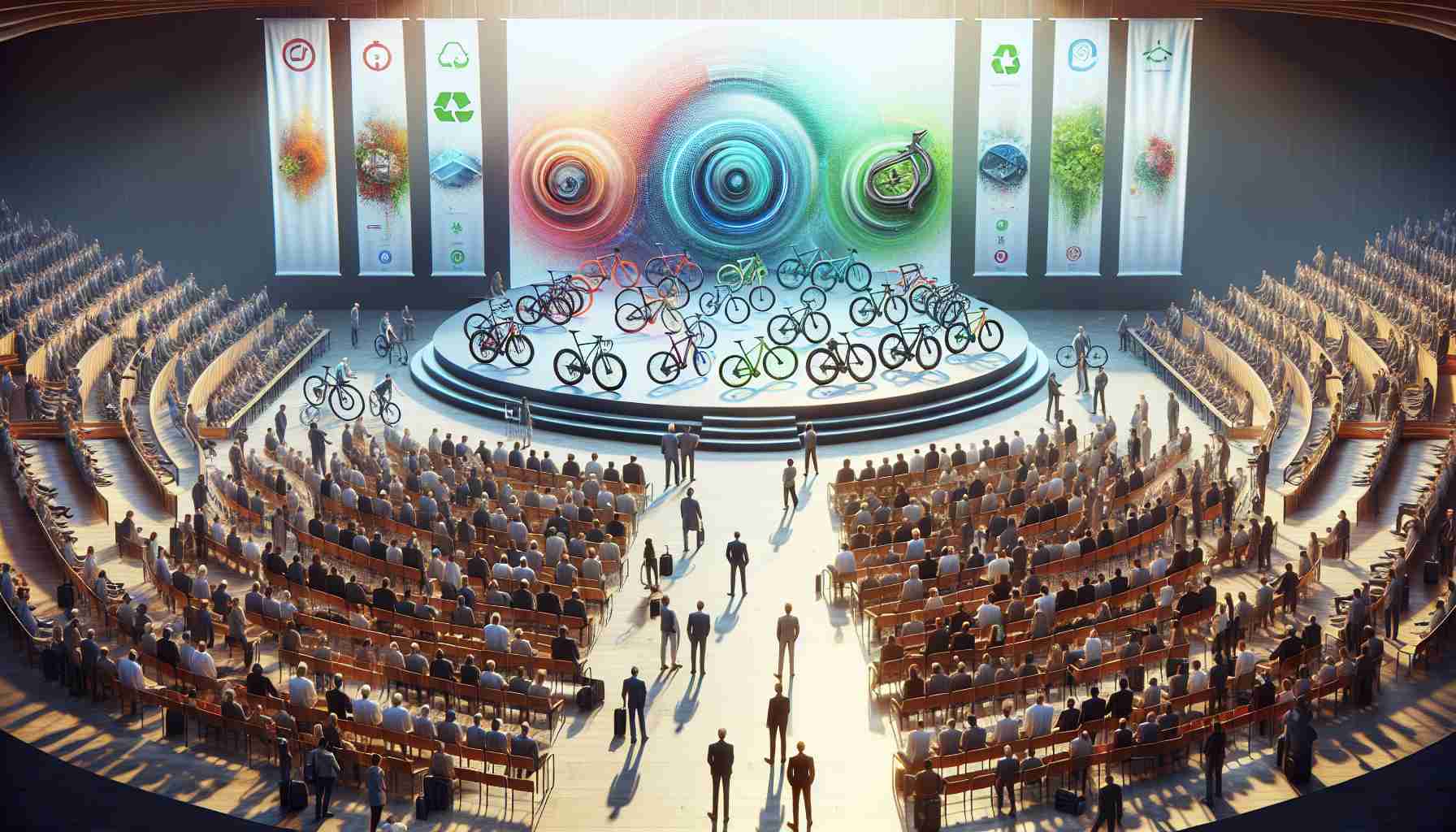 Realistic high-definition depiction illustrating the dynamic realm of bicycles. This should feature a grand event in a large open venue where diverse range of new bicycle models are being revealed. Integrate designs that suggest advanced technology and sustainability. Highlight an audience of varied descents and genders, ranging from Caucasian males to South Asian females, all interpretively engaging with the bicycles. Illustrate banners promoting environmental consciousness and a greener future, suggesting the bicycles' contribution to sustainability. Ensure a detailed, vibrant atmosphere which communicates excitement and innovation.