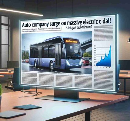 Realistic HD image of a business headline reading 'Auto Company Surges on Massive Electric Bus Deal! Is This Just the Beginning?' accompanied by a positive graph chart illustrating the surge. Scene set in a well-lit, modern office environment with an image of an efficient electric bus in the backdrop.