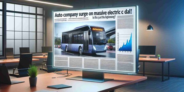 Realistic HD image of a business headline reading 'Auto Company Surges on Massive Electric Bus Deal! Is This Just the Beginning?' accompanied by a positive graph chart illustrating the surge. Scene set in a well-lit, modern office environment with an image of an efficient electric bus in the backdrop.