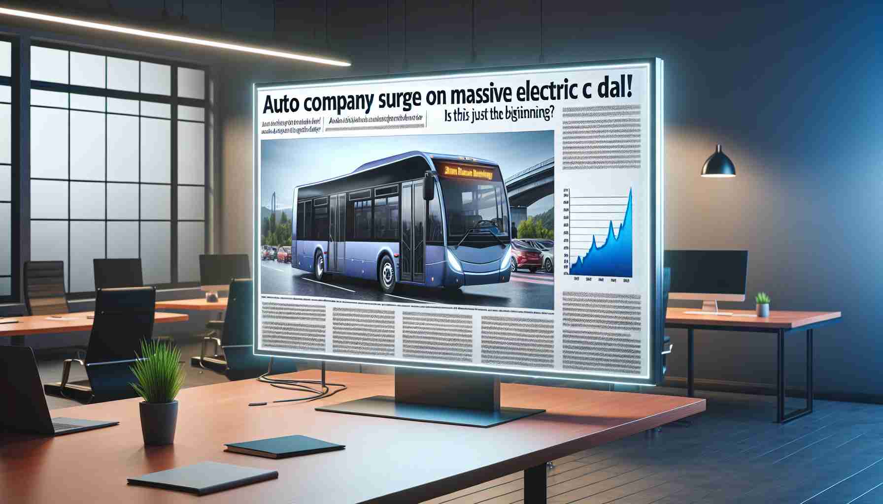 Realistic HD image of a business headline reading 'Auto Company Surges on Massive Electric Bus Deal! Is This Just the Beginning?' accompanied by a positive graph chart illustrating the surge. Scene set in a well-lit, modern office environment with an image of an efficient electric bus in the backdrop.