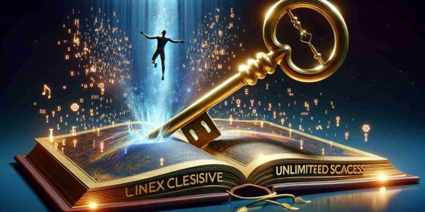 High definition, realistic representation of the concept of unlocking exclusive insights and diving into unlimited access. Depict this metaphorically as a giant golden key opening a magical book with the words 'exclusive insights' engraved on the cover, and a person diving into a vast sea of information represented by glowing words and symbols.