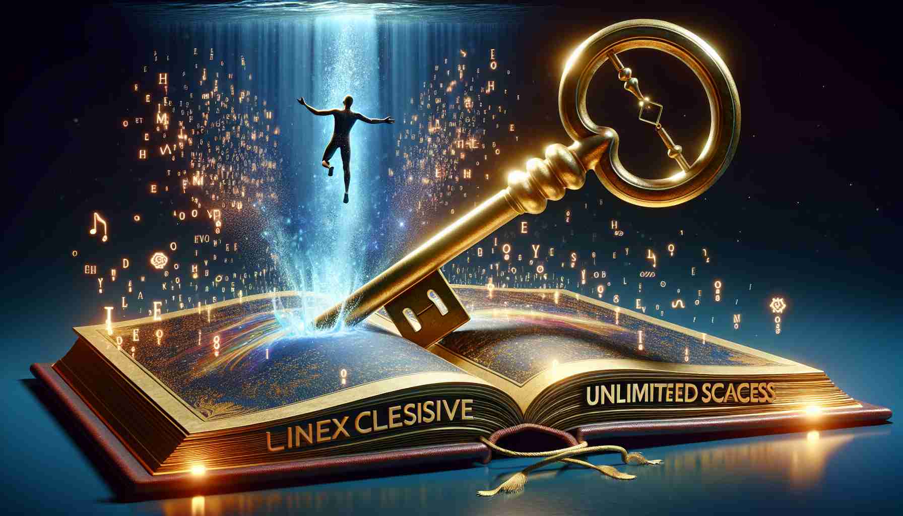 High definition, realistic representation of the concept of unlocking exclusive insights and diving into unlimited access. Depict this metaphorically as a giant golden key opening a magical book with the words 'exclusive insights' engraved on the cover, and a person diving into a vast sea of information represented by glowing words and symbols.