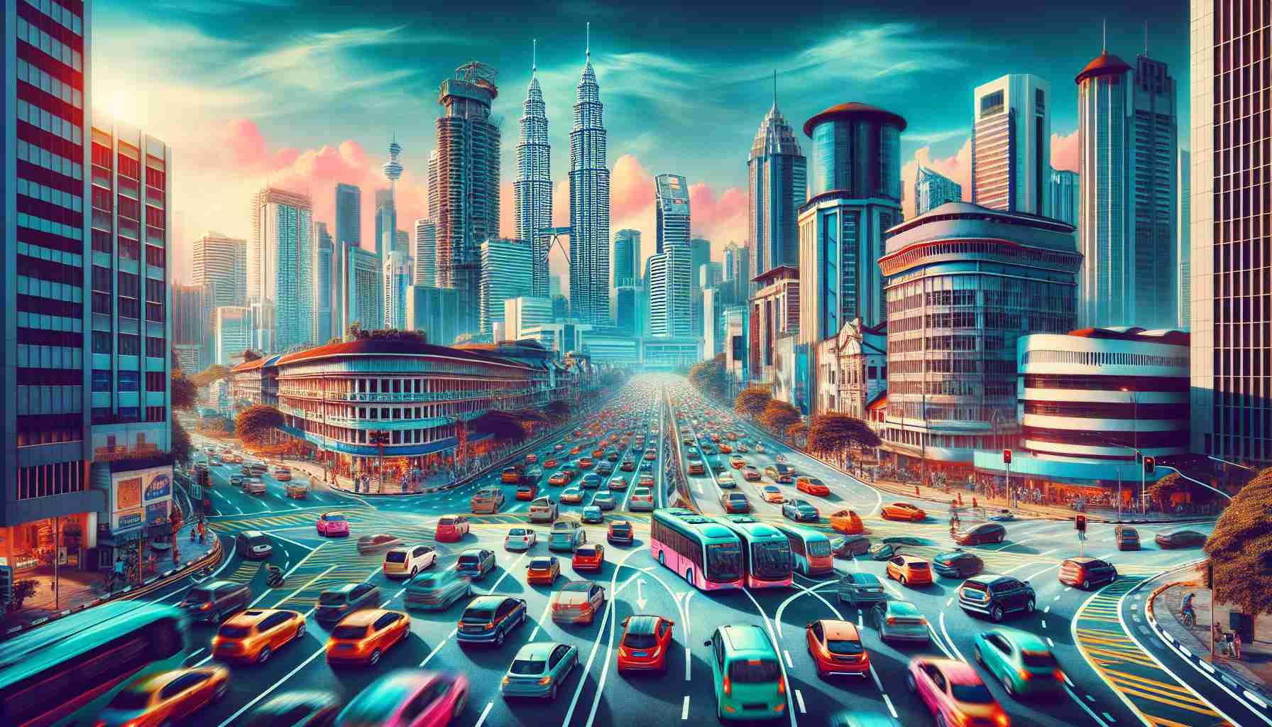 Generate a realistic HD image that symbolizes the concept of electric vehicles slowly penetrating the Malaysia market but not dominating it yet. Perhaps show a bustling Malaysian city street with a mixture of traditional and electric cars indicating a transition phase. Ensure some identifiable buildings or landmarks of Malaysia in the background for context. Use vibrant and realistic colors.