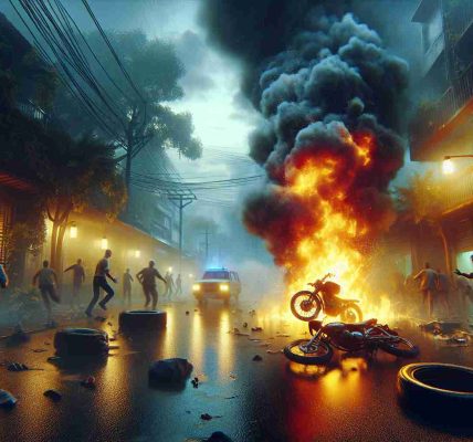 An intense and vivid scene capturing an early morning incident where a bike catches fire unexpectedly. The scene is enveloped in chaos as people react to this surprising occurrence. The fire rages on the bike, casting an eerie glow upon the morning environment, giving the scene a dramatic vibe. The image should be high resolution, hyper-realistic, with high attention to detail, capturing the drama and urgency of the situation clearly.