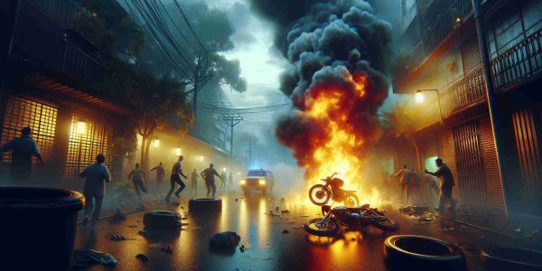 An intense and vivid scene capturing an early morning incident where a bike catches fire unexpectedly. The scene is enveloped in chaos as people react to this surprising occurrence. The fire rages on the bike, casting an eerie glow upon the morning environment, giving the scene a dramatic vibe. The image should be high resolution, hyper-realistic, with high attention to detail, capturing the drama and urgency of the situation clearly.