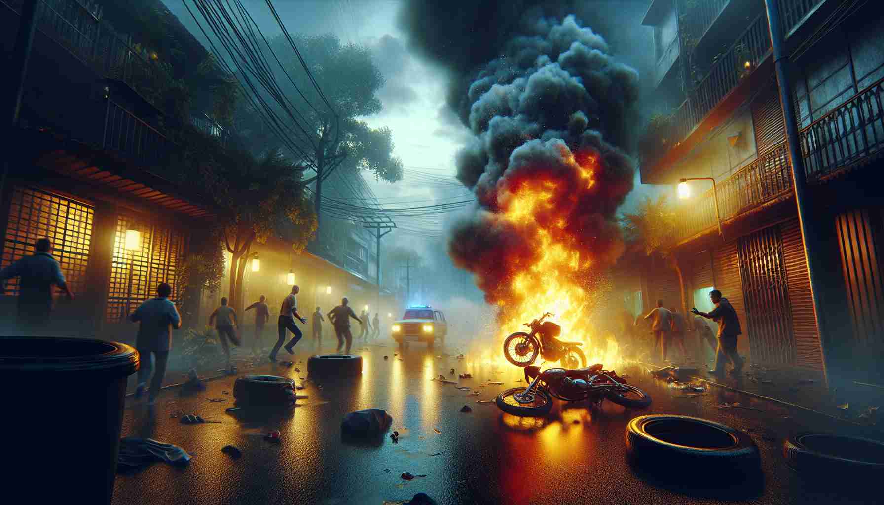 An intense and vivid scene capturing an early morning incident where a bike catches fire unexpectedly. The scene is enveloped in chaos as people react to this surprising occurrence. The fire rages on the bike, casting an eerie glow upon the morning environment, giving the scene a dramatic vibe. The image should be high resolution, hyper-realistic, with high attention to detail, capturing the drama and urgency of the situation clearly.