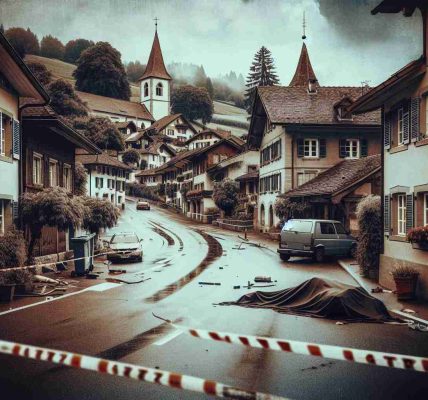 Generate a realistic high-definition image, depicting a tragic incident location, maybe a damaged vehicle or a silent, cordoned-off spot in a quaint town. The setting is Köniz, a suburban municipality of Bern, Switzerland, known for its quiet landscapes and traditional Swiss architecture. The image should evoke a sense of melancholy and loss while respecting the somber subject matter.