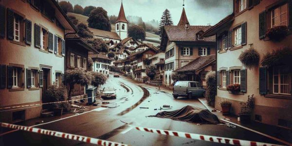 Generate a realistic high-definition image, depicting a tragic incident location, maybe a damaged vehicle or a silent, cordoned-off spot in a quaint town. The setting is Köniz, a suburban municipality of Bern, Switzerland, known for its quiet landscapes and traditional Swiss architecture. The image should evoke a sense of melancholy and loss while respecting the somber subject matter.