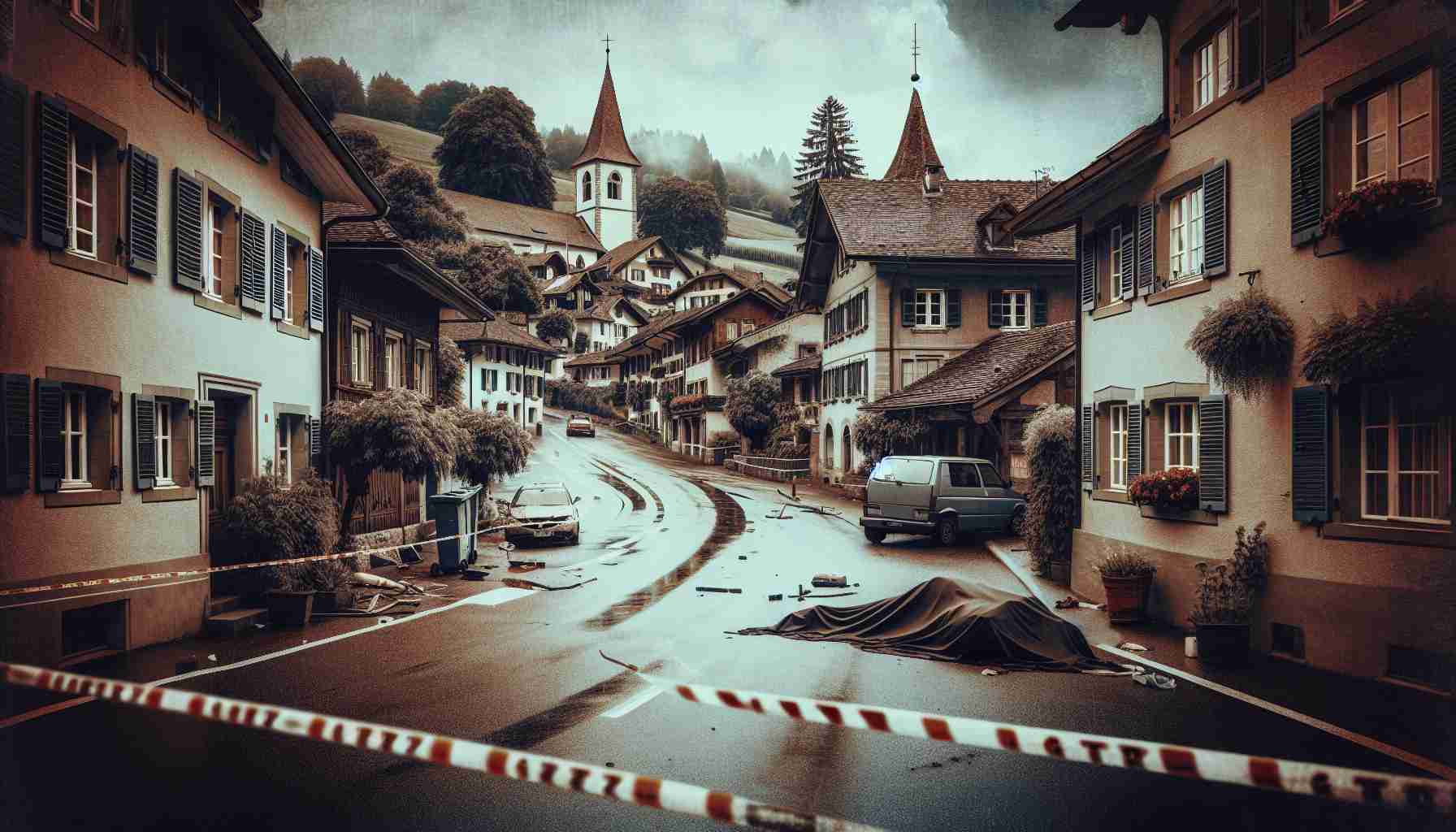 Generate a realistic high-definition image, depicting a tragic incident location, maybe a damaged vehicle or a silent, cordoned-off spot in a quaint town. The setting is Köniz, a suburban municipality of Bern, Switzerland, known for its quiet landscapes and traditional Swiss architecture. The image should evoke a sense of melancholy and loss while respecting the somber subject matter.