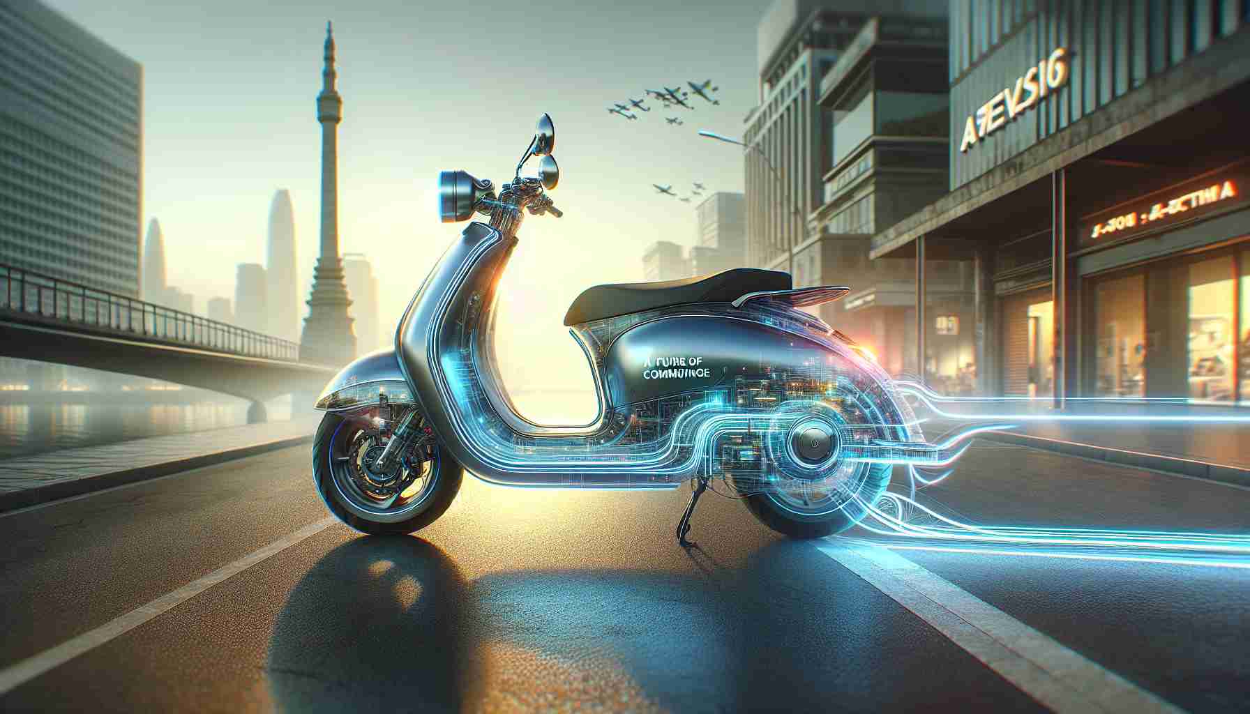 A high-definition, realistic image showcasing the future of commuting. Envision an advanced electric scooter, inspired by the heritage of a popular Indian automobile brand but not referencing any exact model. The scooter should demonstrate a blend of classic design and modern innovation. Let's call this hypothetical model 'Series 35'. Showcase this 'Series 35' in a dynamic setting, maybe a modern city backdrop, hinting at the new advancements and breakthroughs it brings to everyday commuting.