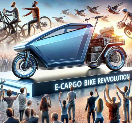 Create a realistic, high-definition image of an E-Cargo bike revolution, showcasing its innovative design and displaying the excitement surrounding this ground-breaking contraption. The scene should be dynamic and lively, illustrating the transformative nature of this innovation in the world of cycling. The image may include people of diverse descents such as Caucasian and Black, men and women, demonstrating the universal appeal of the E-Cargo bike.