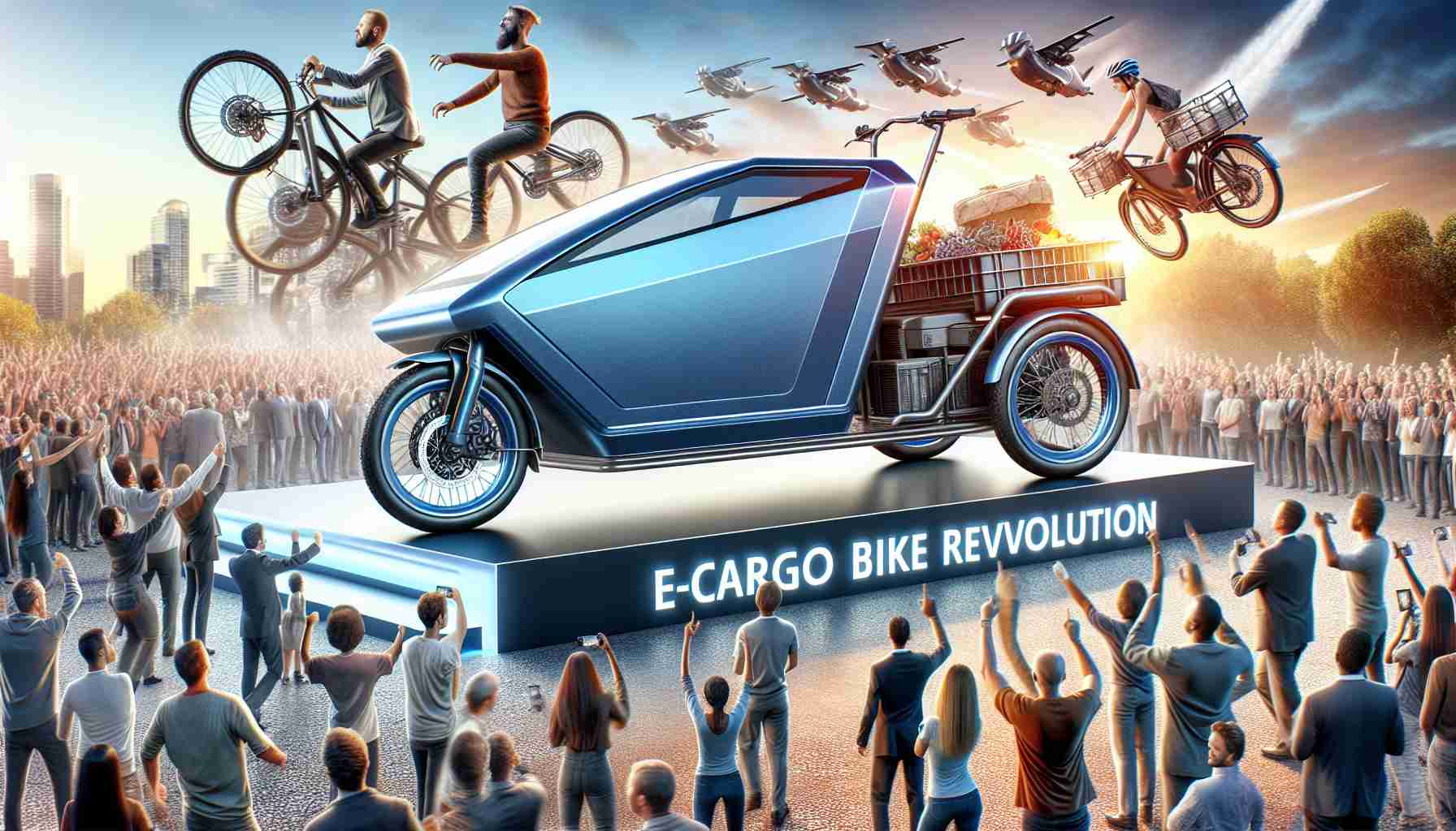 Create a realistic, high-definition image of an E-Cargo bike revolution, showcasing its innovative design and displaying the excitement surrounding this ground-breaking contraption. The scene should be dynamic and lively, illustrating the transformative nature of this innovation in the world of cycling. The image may include people of diverse descents such as Caucasian and Black, men and women, demonstrating the universal appeal of the E-Cargo bike.