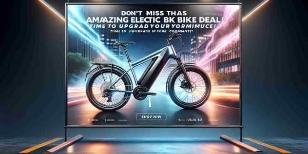 Realistic high-definition image of an eye-catching promotional advertisement for an extraordinary electric bike sale. Text on the banner reads: 'Don't Miss This Amazing Electric Bike Deal! Time to Upgrade Your Commute!'. The background features a sleek and trendy electric bicycle with high-tech features and remarkable design