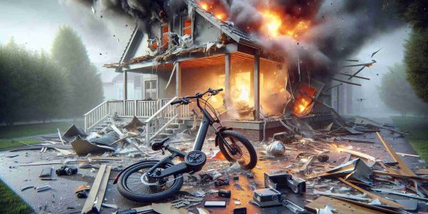 Create a highly-detailed realistic depiction of a tragic scene where an electronic bicycle has exploded causing severe damage to a residential home. The scene should show remnants of the e-bike amid house wreckage, emphasizing the magnitude of the explosion. Emanating smoke and debris might still be suspended in the air, indicating recent occurrence. Capture the feel of an unexpected disaster resulting from modern technology malfunction.