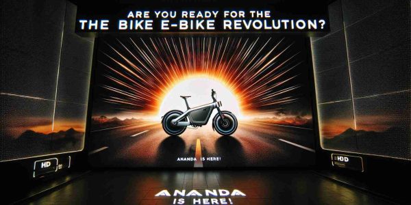 A HD, spectacular photo showcasing the dawn of the Electric Bike revolution. The image features a futuristic, sleek e-bike at the center with radial light invoking a dawn. The striking phrase 'Are You Ready for the E-Bike Revolution? Ananda is Here!' is present in bold, captivating lettering, evoking both excitement and suspense. It signifies a calling to sustainable travel and the advancement of technology.