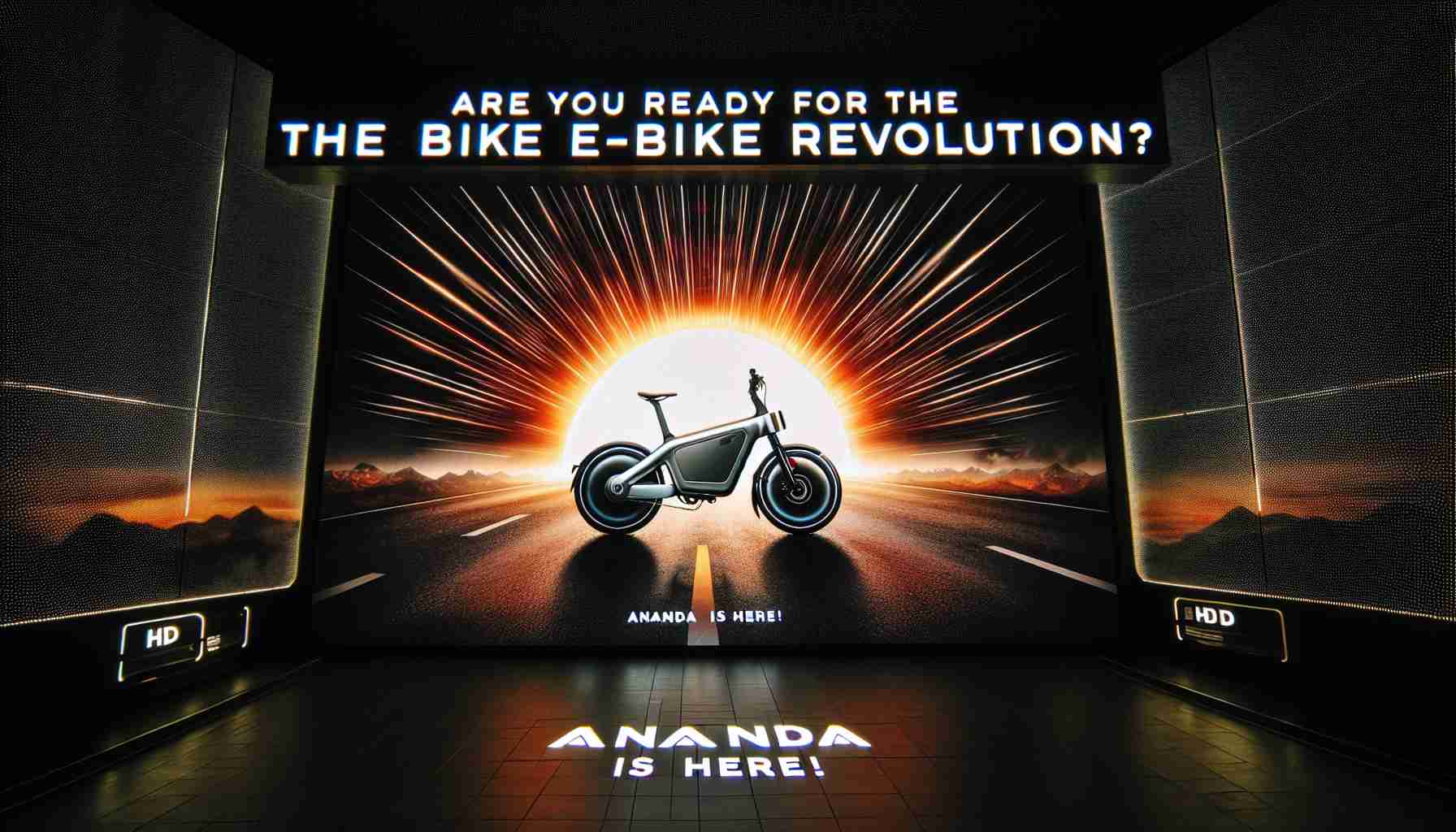 A HD, spectacular photo showcasing the dawn of the Electric Bike revolution. The image features a futuristic, sleek e-bike at the center with radial light invoking a dawn. The striking phrase 'Are You Ready for the E-Bike Revolution? Ananda is Here!' is present in bold, captivating lettering, evoking both excitement and suspense. It signifies a calling to sustainable travel and the advancement of technology.