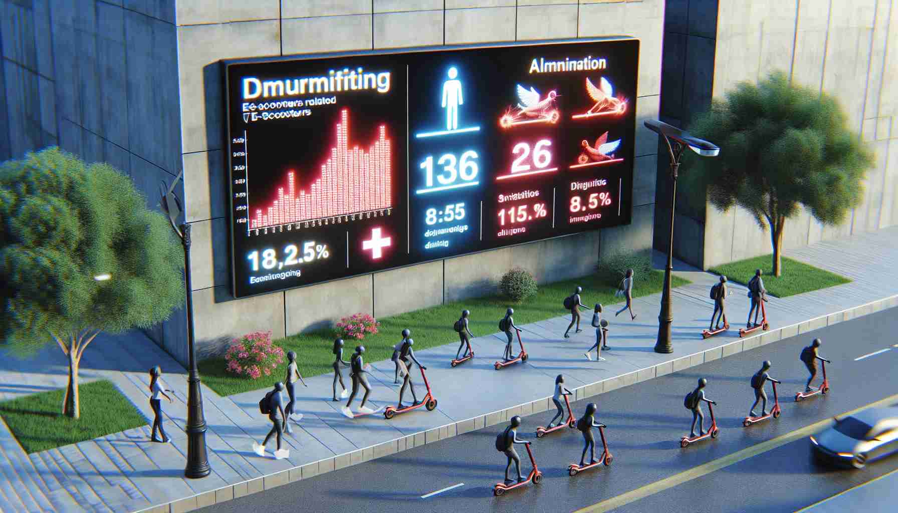 Generate a realistic high-definition picture featuring an alarming statistics board. It contains information showing the increasing number of injuries related to e-scooters.