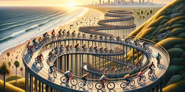 An accurate, high resolution image of a metaphorical scene representing the future of biking in California as it unfolds in 2025. The scene should incorporate the concept of 'Rollercoaster of Change', perhaps by depicting a dynamic, undulating biking trail that symbolizes fluctuations and progress. The trail should be filled with cyclists of diverse descents and genders, showcasing a variety of bikes, to hint at the potential wins and advancements in cycling infrastructure, policies, and culture in California. The environment should be filled with signatures of Californian landscapes such as palm trees, coastal views, and striking sunsets.