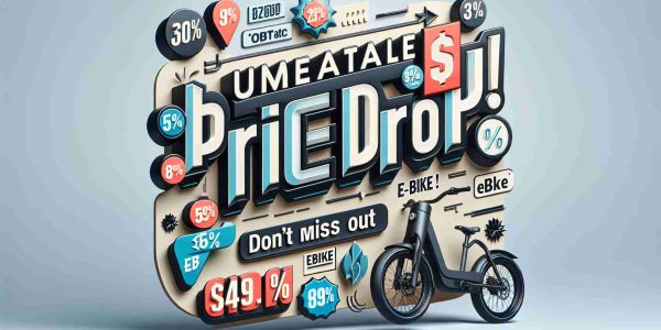 Create a realistic high-definition image showcasing the phrase 'Unbeatable Price Drop! Don’t Miss Out on This eBike Deal!' prominently displayed in a bold and attractive fashion. Consider including visual elements associated with cost-cutting and bargain promotions to help illustrate this concept, such as slashed price tags, savings icons, and reduced price indicators. In the background, strategically place an eBike to infer the item offered in the deal.