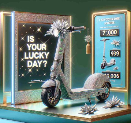 Realistic HD image displaying a scene where a glittering e-scooter is shown as a grand prize. The e-scooter is covered in sparkling decorations that catch the light beautifully. A sign next to it reads 'Is It Your Lucky Day?' indicating that it is part of a contest or lottery.