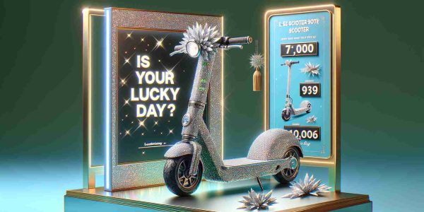 Realistic HD image displaying a scene where a glittering e-scooter is shown as a grand prize. The e-scooter is covered in sparkling decorations that catch the light beautifully. A sign next to it reads 'Is It Your Lucky Day?' indicating that it is part of a contest or lottery.