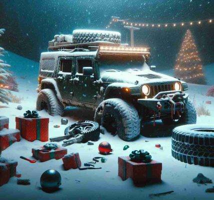 Create an ultra-high-definition image that realistically depicts a concept titled 'Tough Times: An Unfortunate Holiday Break'. The scene should feature a contemporary vehicle, perhaps broken down or facing difficult terrain, amidst a holiday setting. Snow could be falling, holiday decorations might be scattered about, and the atmosphere overall should exude a sense of challenge yet remain imbued with the faintest glimmer of holiday cheer.