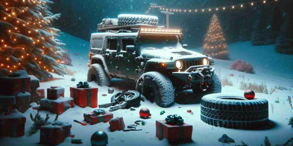 Create an ultra-high-definition image that realistically depicts a concept titled 'Tough Times: An Unfortunate Holiday Break'. The scene should feature a contemporary vehicle, perhaps broken down or facing difficult terrain, amidst a holiday setting. Snow could be falling, holiday decorations might be scattered about, and the atmosphere overall should exude a sense of challenge yet remain imbued with the faintest glimmer of holiday cheer.