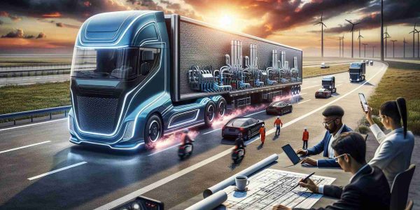 A detailed, high-definition image showcasing a groundbreaking change in transportation logistics enabled by hydrogen-powered trucks. The picture features these innovative trucks on an open highway, their streamlined designs embodying the promise of green energy. The background is filled with a stunning sunset, signalling the dawn of a new age in transportation. Contributions from various people are seen too: a Black female engineer examining a blueprint of a truck, a Middle-Eastern male driver confidently handling one of these trucks, and a Caucasian logistics manager overlooking this revolutionary change via a tablet screen.