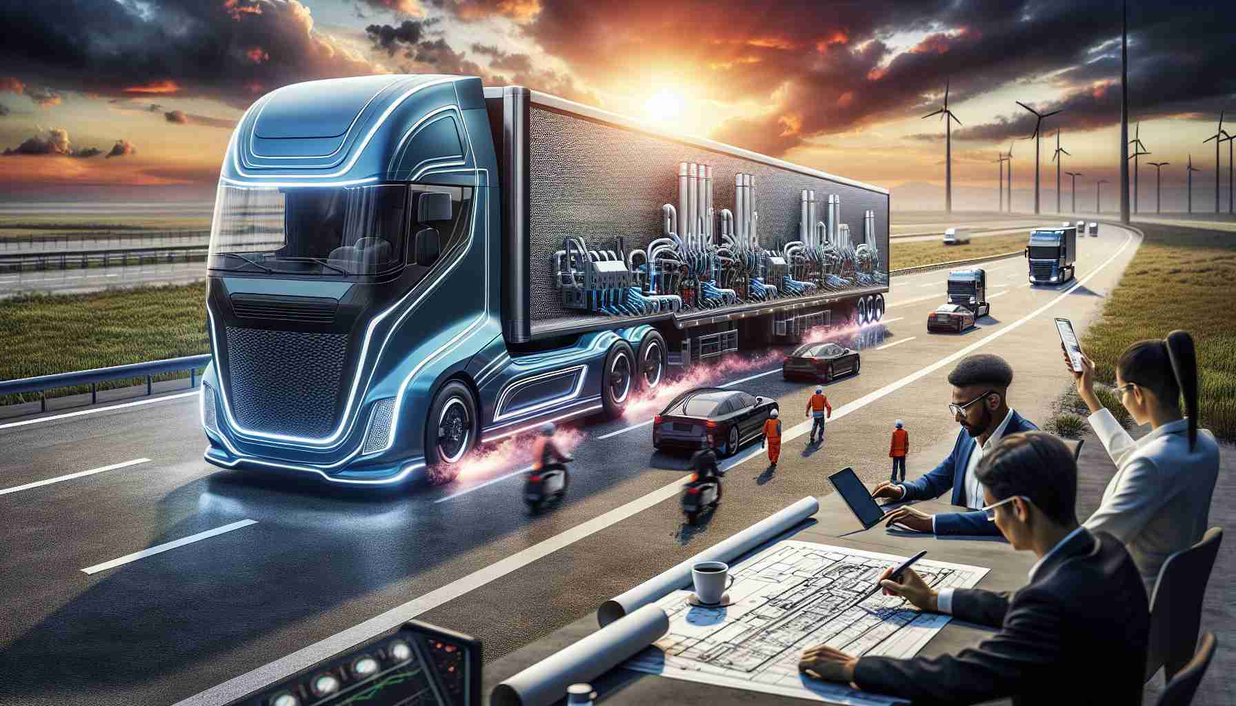 A detailed, high-definition image showcasing a groundbreaking change in transportation logistics enabled by hydrogen-powered trucks. The picture features these innovative trucks on an open highway, their streamlined designs embodying the promise of green energy. The background is filled with a stunning sunset, signalling the dawn of a new age in transportation. Contributions from various people are seen too: a Black female engineer examining a blueprint of a truck, a Middle-Eastern male driver confidently handling one of these trucks, and a Caucasian logistics manager overlooking this revolutionary change via a tablet screen.