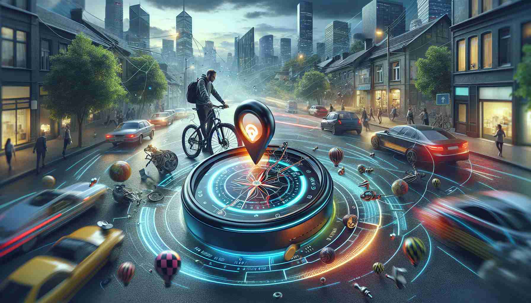 An inclusive scene closely depicting reality. A high-definition, highly detailed, and realistic image of a situation where a modern smart bike gadget proves to be a lifesaver. The scene showcases an anxious individual who has misplaced their bicycle in a bustling urban area. Luckily, they possess a compact, immaculate, cutting-edge tech gadget which is specifically designed to track their bike's location, instilling a sense of relief. Capture an intricate view of the gadget screen, displaying real-time GPS coordinates leading to the lost bike's location, alongside various city elements creating a dynamic background.