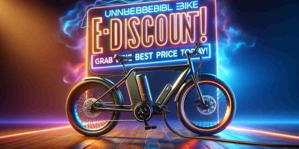 Realistic high-definition image showcasing an incredible discount for an electric bicycle. The scene has a vibrant feel, with a large inscription that reads 'Unbelievable E-Bike Discount! Grab the Best Price Today!' giving it a promotional appeal. The electric bicycle is in the center of the frame, with its elegant design and modern features clearly visible. This is an advertisement image promoting a sale event for electronic bicycles.