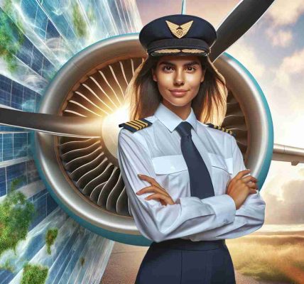 Generate a realistic high-definition picture of a young Hispanic female pilot breaking barriers and empowering sustainability in aviation. She's wearing a professional pilot uniform, with a noticeable emblem symbolizing ecological responsibility on her shoulder. She's standing proudly by a modern, environmentally friendly airplane powered by renewable energy. The backdrop is a vivid sky with radiant sunshine, embodying the hope and brightness of a sustainable future in aviation.