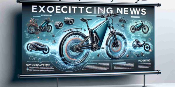 Generate a realistic, high-definition image featuring a banner headline announcing exciting news for electric bike enthusiasts, indicating new models are soon to be launched. Illustrate the banner adorned with imagery of electric bikes, futuristic designs, and projections of upcoming models, incorporating elements like advanced bike frames, cutting-edge hardware, and high-tech accessories.