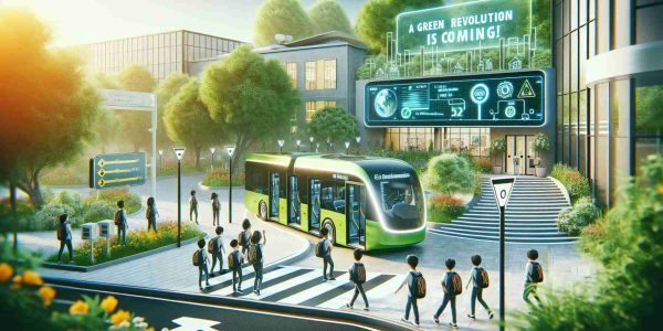 Create a realistic, high-definition photo that showcases the theme 'A Green Revolution is Coming!'. The image should primarily feature a modern school environment where electric, zero-emission buses play a key role. Detail the image such that it highlights the integration of eco-friendly transportation technology into everyday school life. This could include children boarding a sleek, futuristic bus, digital displays showing the emission levels, and the welcomed surroundings with an abundance of healthy greenery to emphasize the environmental consciousness.